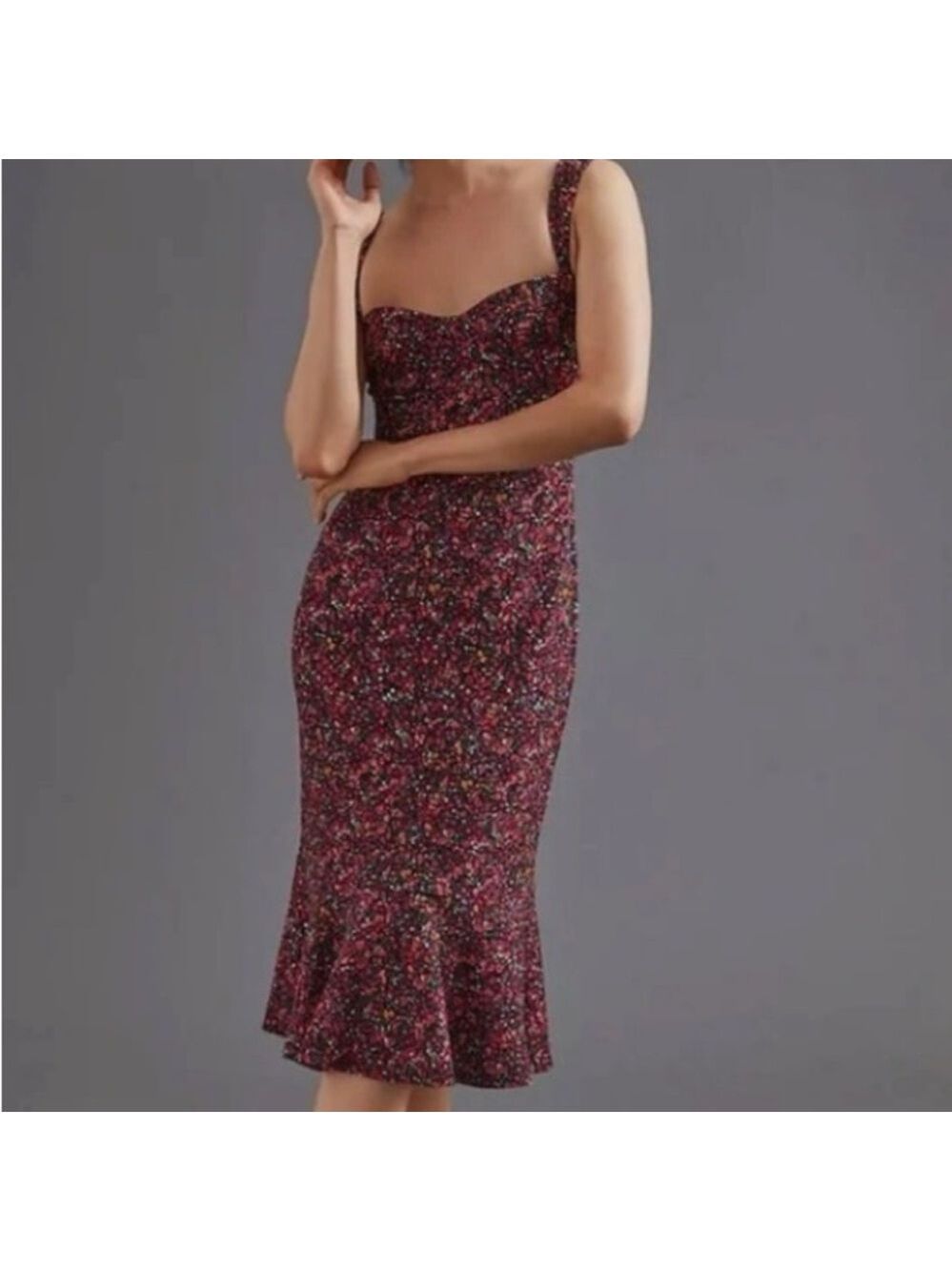 NWT Hutch Anthropologie Women’s Sweetheart Midi Dress Floral Mermaid Hemline LP